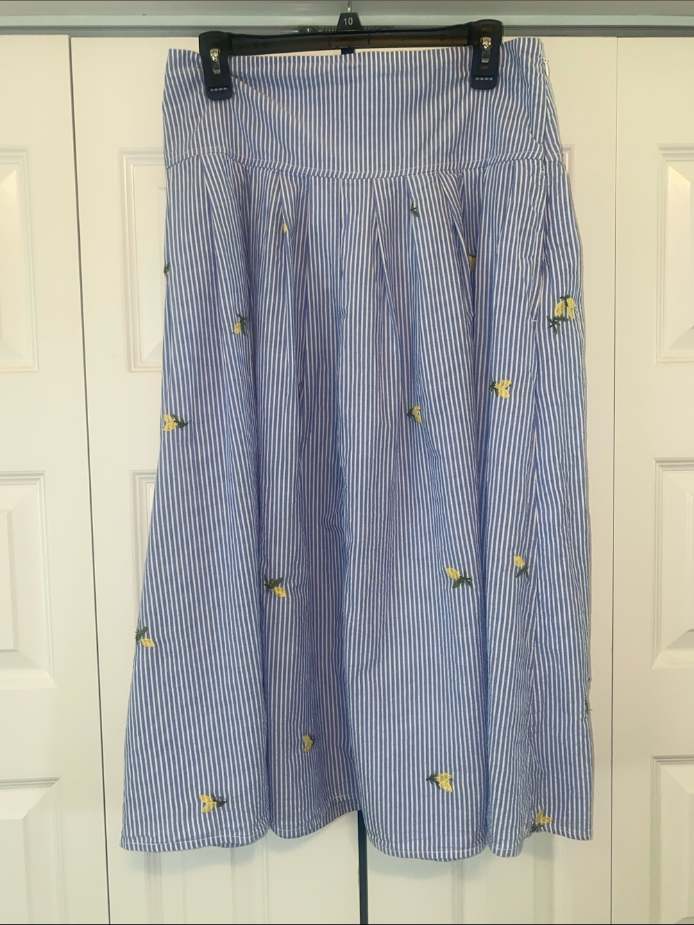 Blue & White Striped A-Line Midi Skirt with Yellow Floral Embroidery - Picture 1 of 6